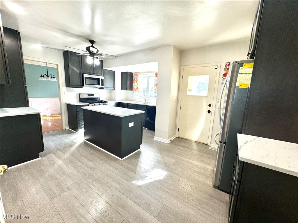 9531 West Ridge Road Elyria, OH 44035 - Photo 8 of 32 Kitchen with stainless steel appliances, a center island, sink, ceiling fan, and light hardwood / wood-style floors