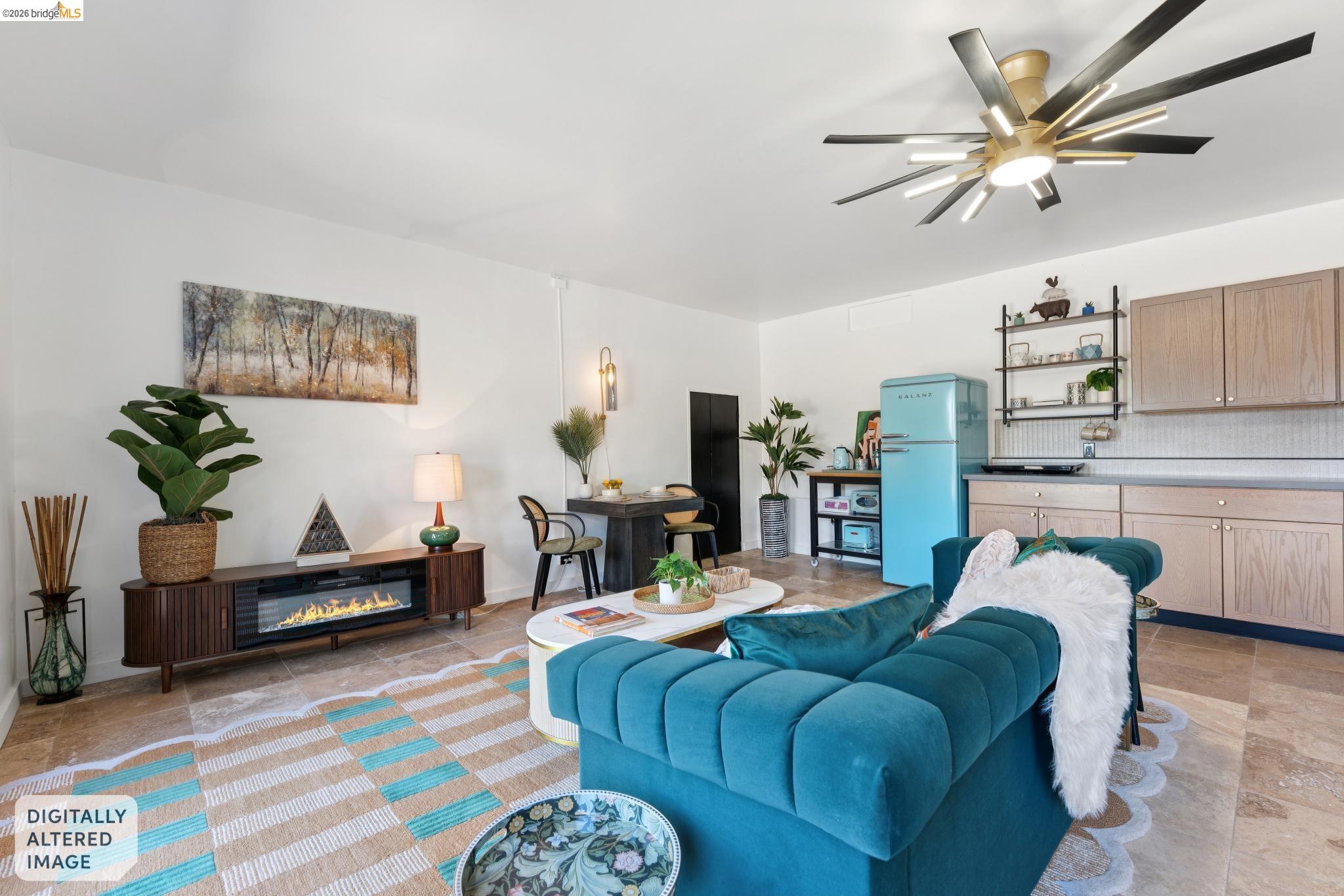 2301 Oak Street Berkeley, CA 94708 - Photo 53 of 61 Open concept living space featuring neutral wall tones, tile flooring, and a modern ceiling fan