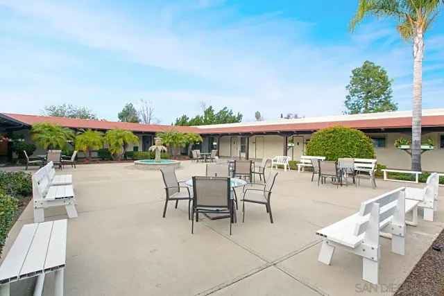 an outdoor space with seating