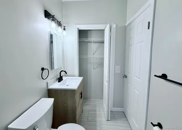a bathroom with a sink toilet and mirror