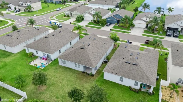 an aerial view of a house with a garden