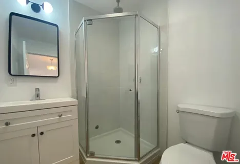 a bathroom with a shower sink vanity and mirror