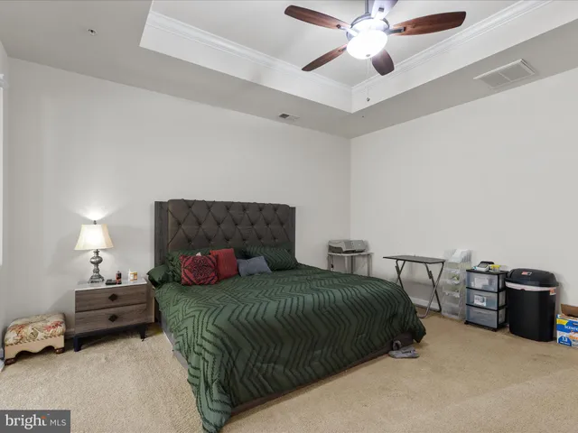 a bedroom with a bed and a ceiling fan