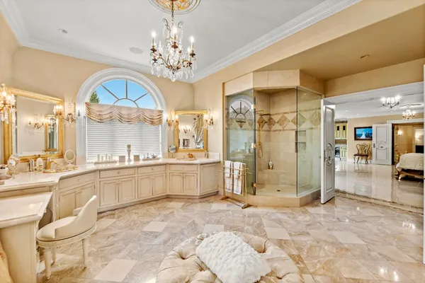 a view of yard with swimming pool and green space