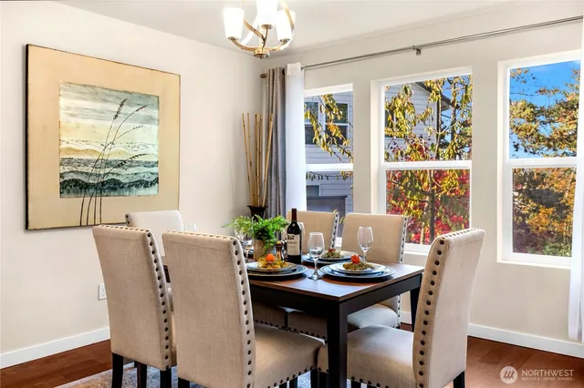 a view of a dining room with furniture window and wooden floor