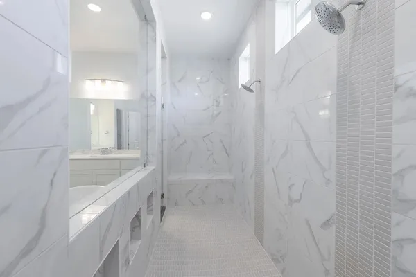 a bathroom with a sink a mirror and a shower