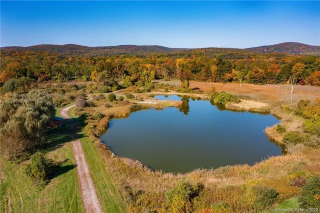 an aerial view of a house with a mountain