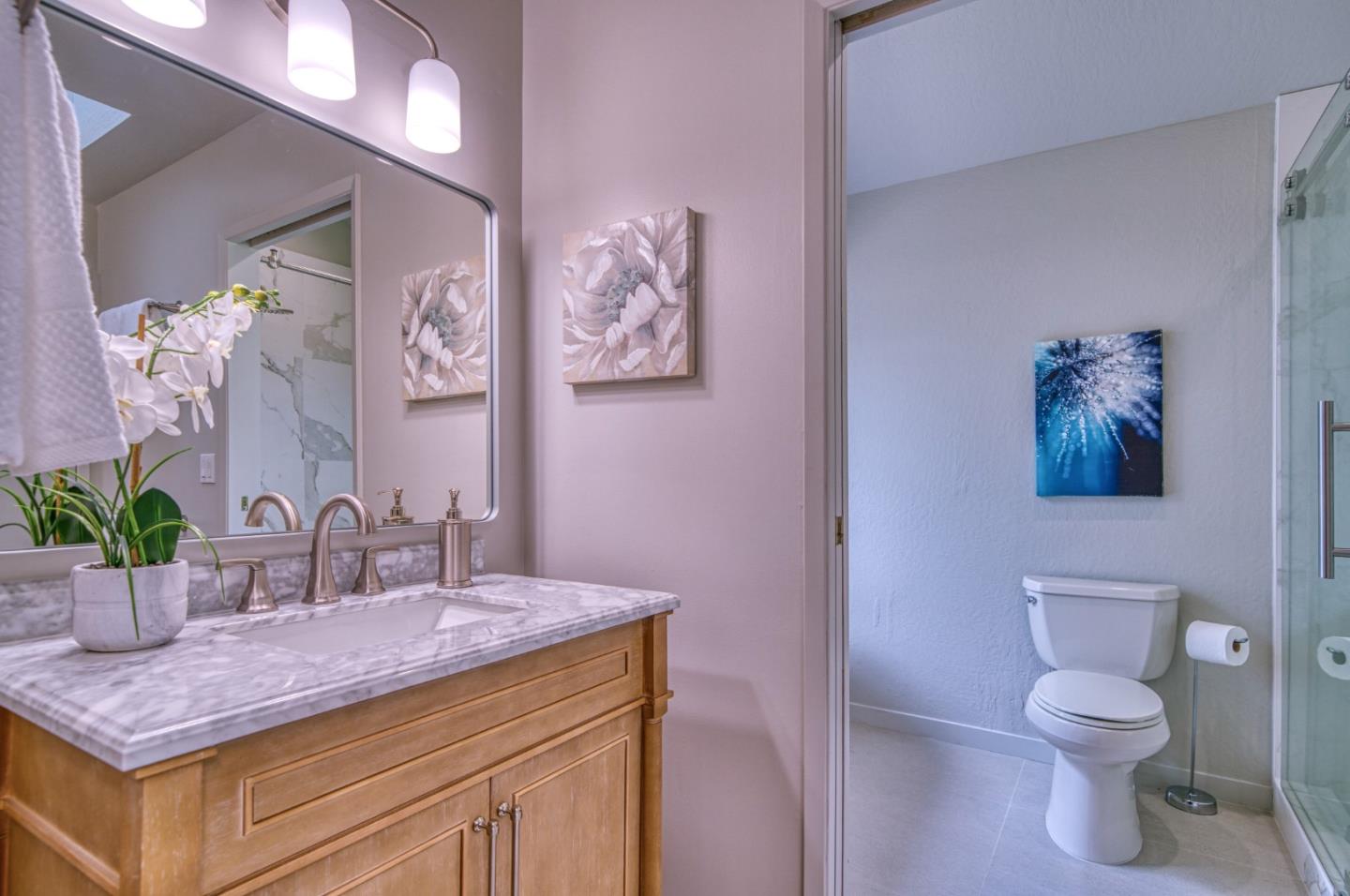 925 Skyward Drive Aptos, CA 95003 - Photo 57 of 95 a bathroom with a granite countertop sink a toilet and a mirror