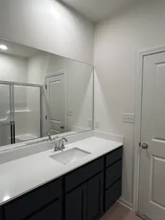 a bathroom with a sink and a mirror