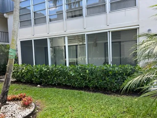 a view of a backyard with potted plants and large windows