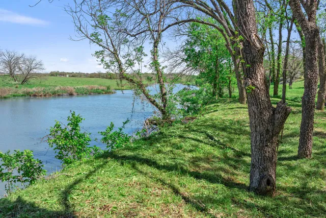 a view of a lake with a yard and large trees