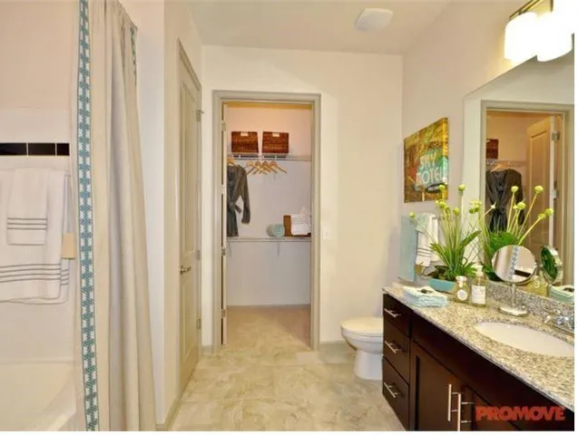 a bathroom with a granite countertop sink a mirror and a shower