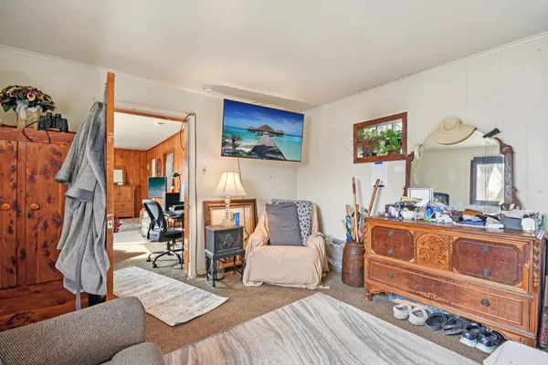 a bedroom with furniture and a fireplace