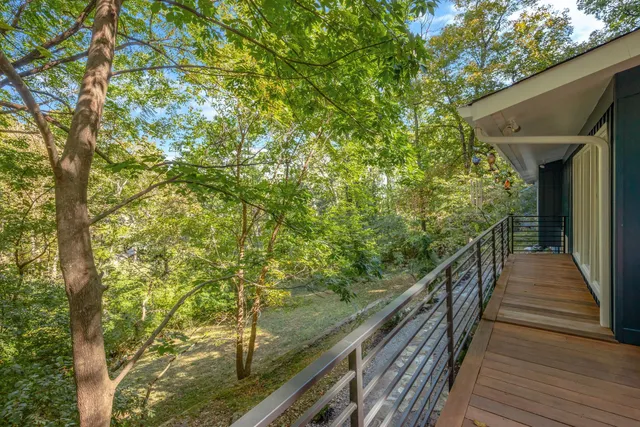 a view of a road with trees in the background