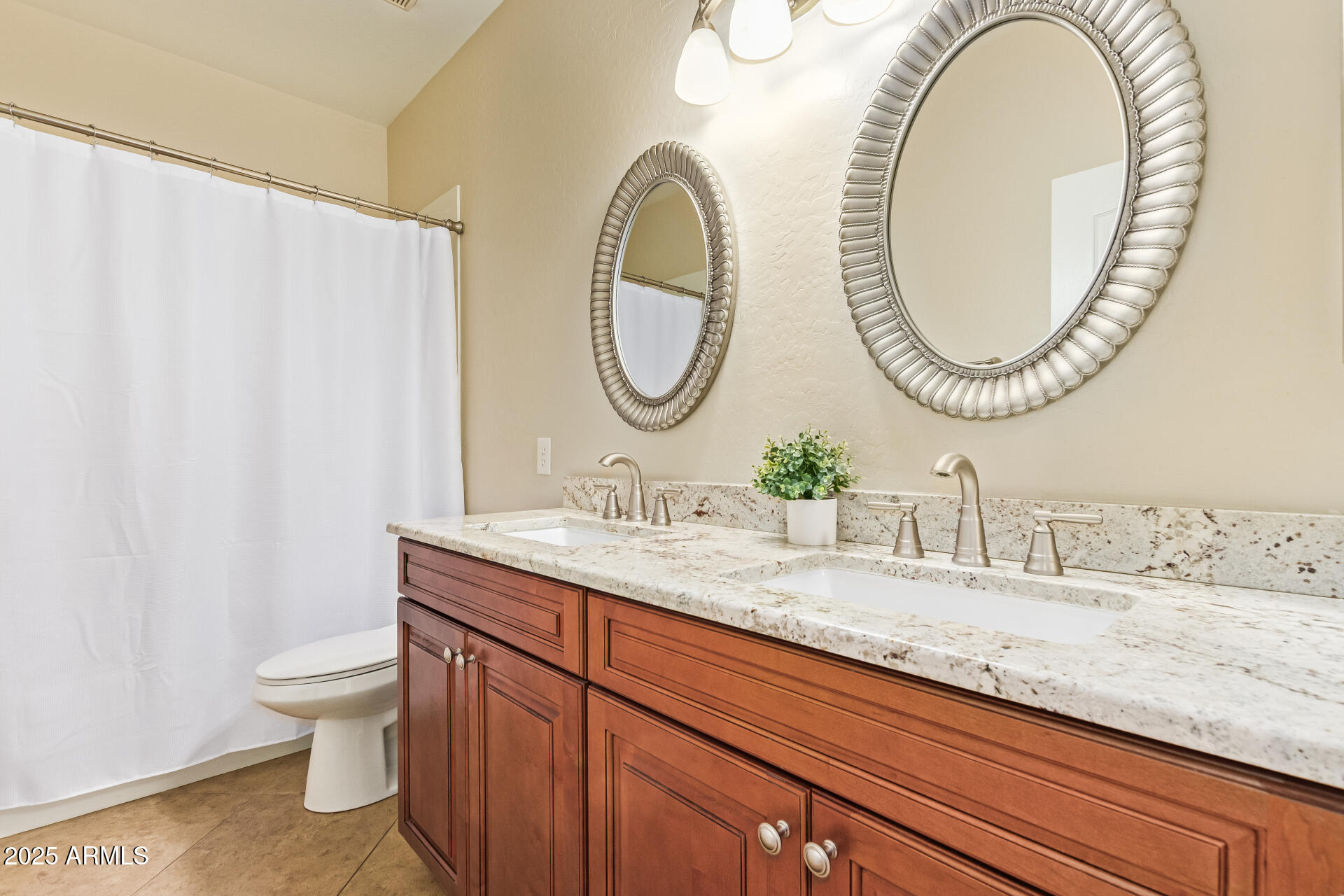 535 South Lemon Court Gilbert, AZ 85296 - Photo 20 of 36 a bathroom with a granite countertop toilet a sink and a mirror