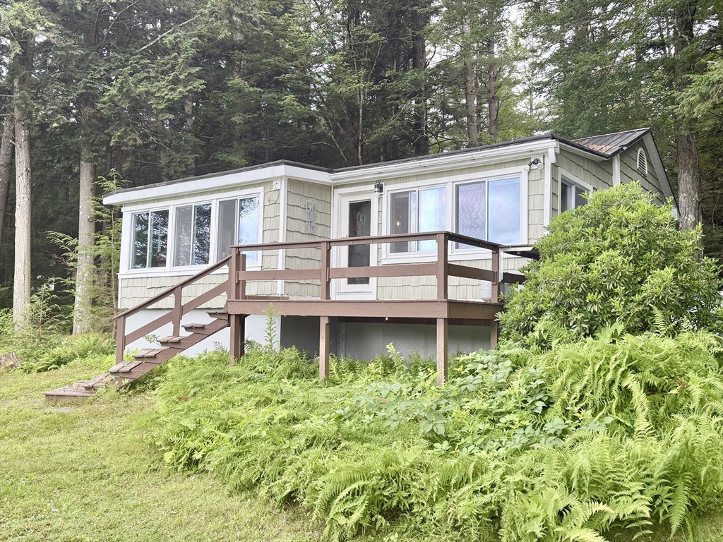 a backyard of a house with large trees and plants
