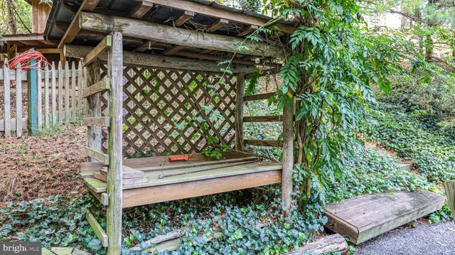 an aerial view of a house with a big yard potted plants and large tree