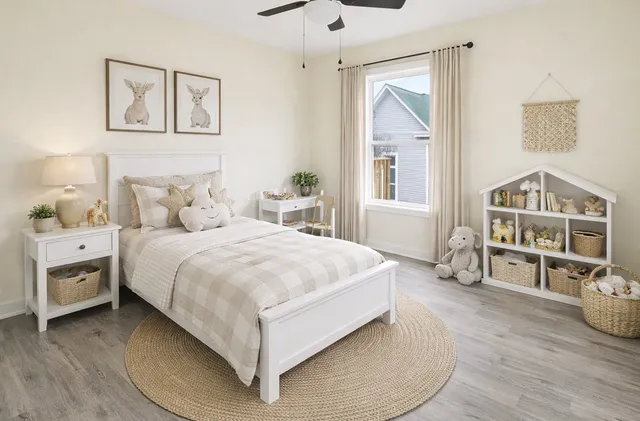 a spacious bedroom with a bed and a table in it