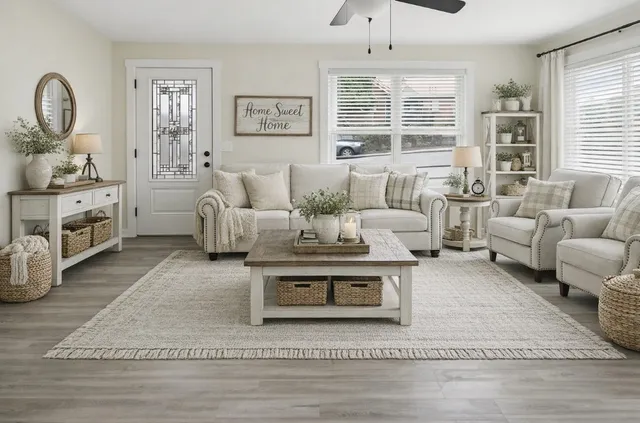 a living room with furniture a fireplace and a chandelier