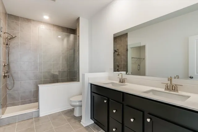 a bathroom with a double vanity sink toilet and shower