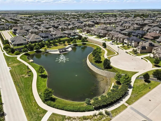 an aerial view of a swimming pool