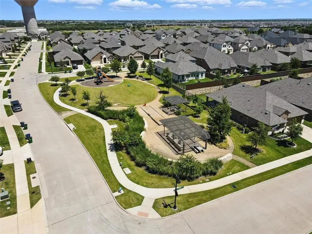 an aerial view of a swimming pool