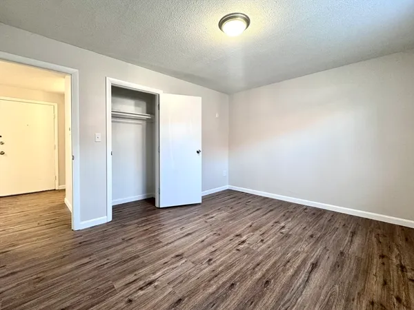 an empty room with wooden floor and closet