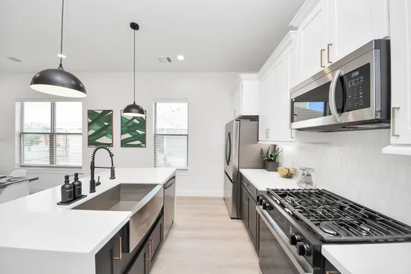 a living room with furniture a potted plant and a chandelier