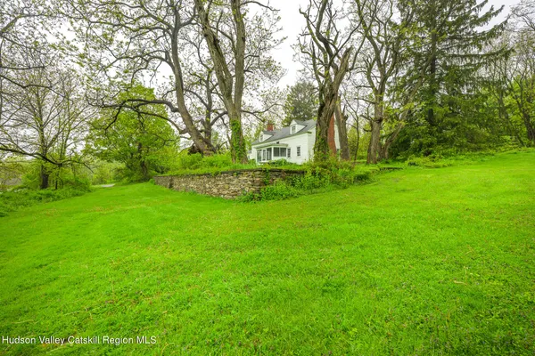 a view of a garden with large trees