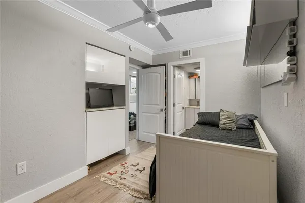 a view of a livingroom with wooden floor
