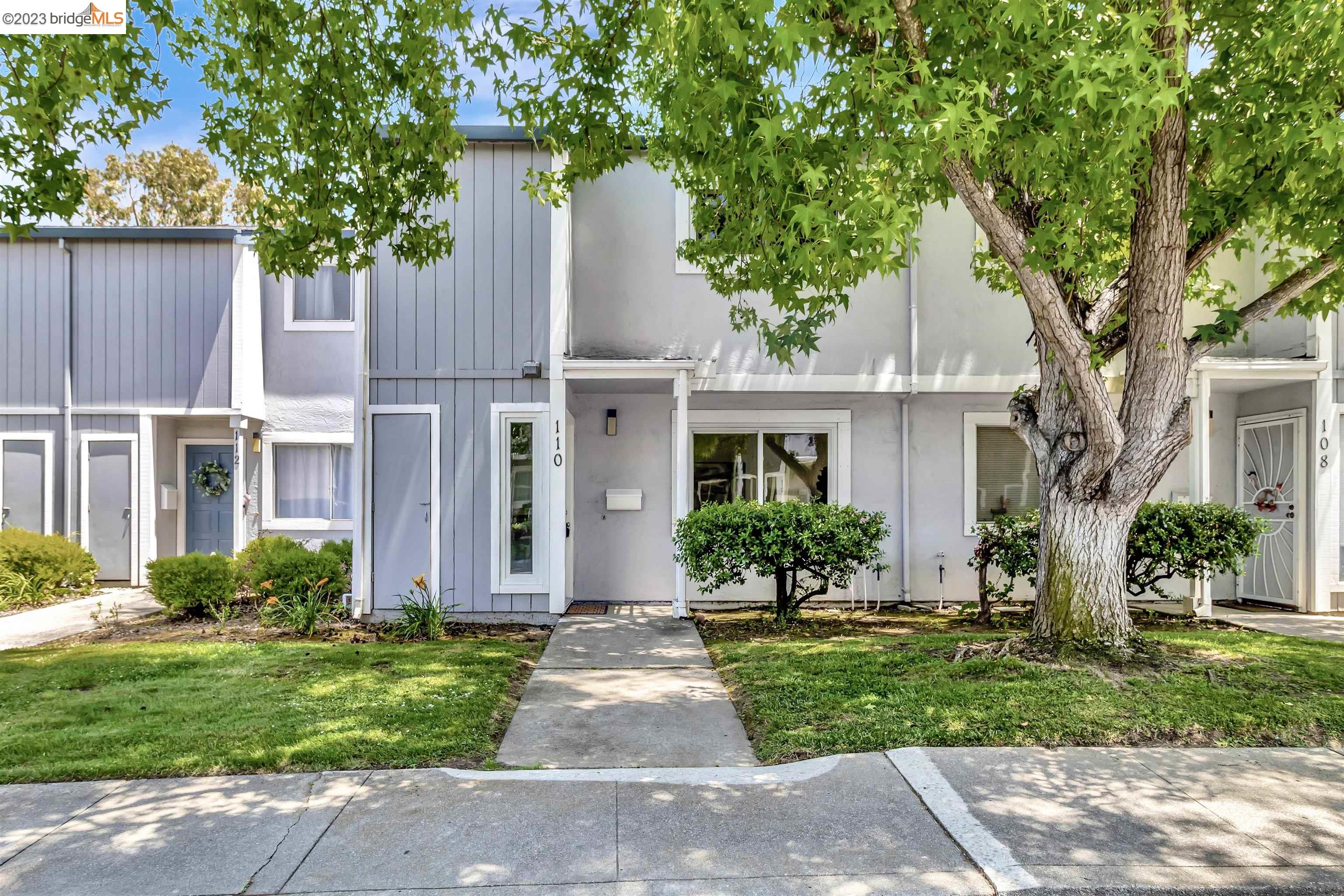 a front view of a house with a yard and potted plants
