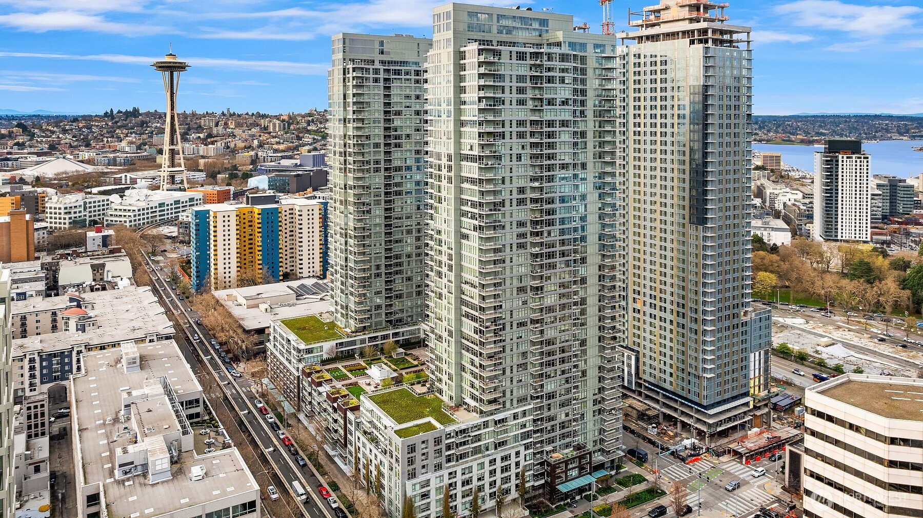 a city view with tall buildings