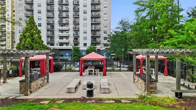 a front view of a building with an outdoor space