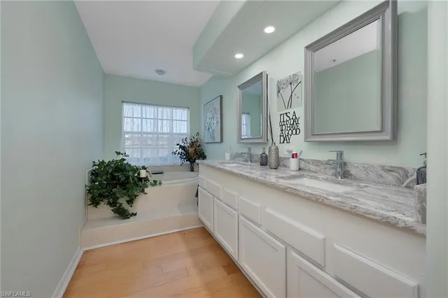 a bathroom with a granite countertop sink a mirror and a potted plant