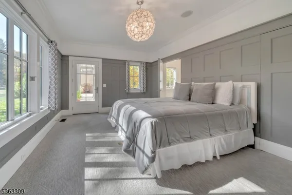 a spacious bedroom with a bed and a large window