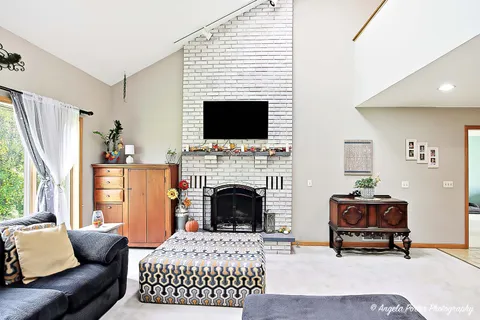 a living room with furniture a fireplace and a flat screen tv