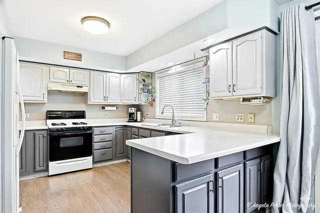 a kitchen with a stove a sink and a refrigerator