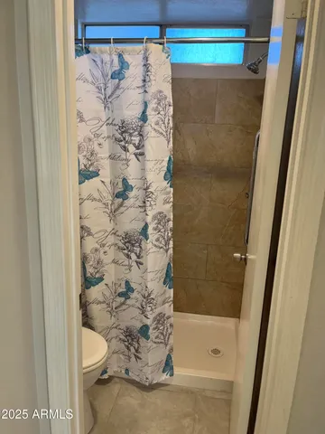 a bathroom with a shower and a toilet