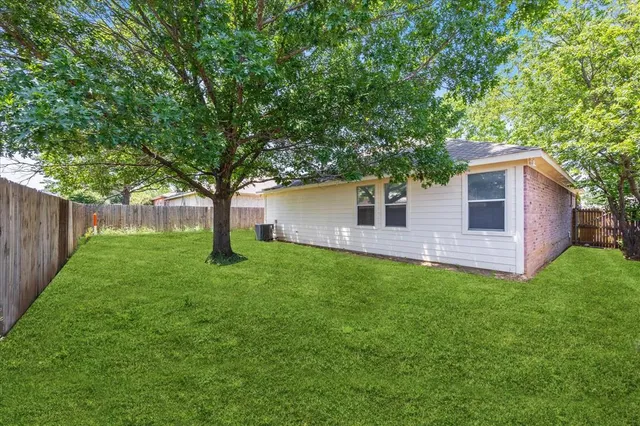 a backyard of a house with plants and large tree
