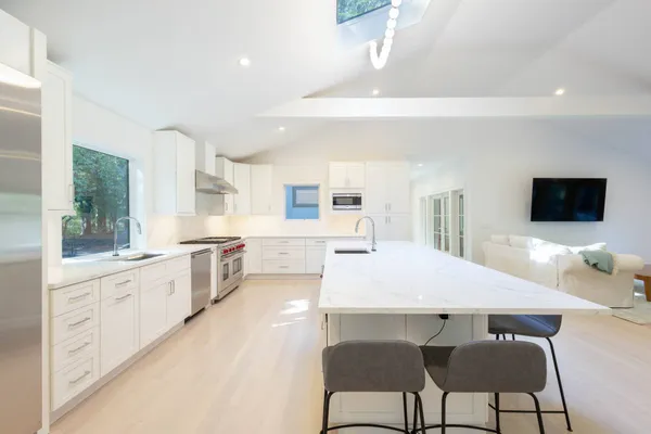 a view of a dining room with furniture