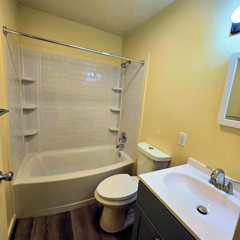 a bathroom with a sink mirror toilet and bathtub