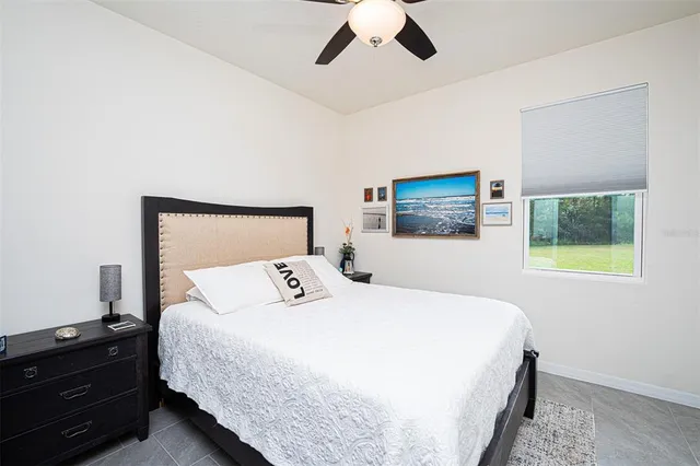 a bedroom with a bed and a painting on the wall