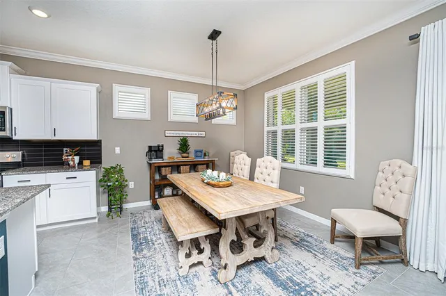 a view of a dining room with furniture window and outside view
