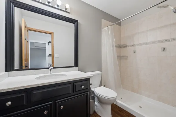 a bathroom with a sink a toilet a mirror and shower