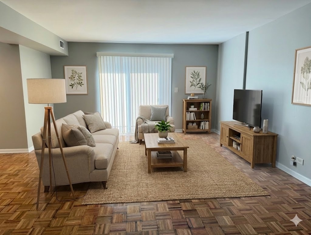 5240 Galitz Street, Unit 304 Skokie, IL 60077 - Photo 4 of 18 a living room with furniture and a flat screen tv