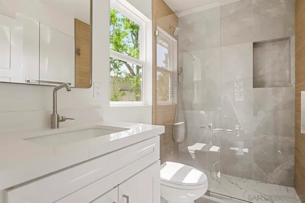 a bathroom with a sink a toilet and a shower