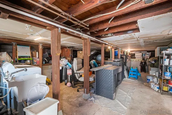 a view of a storage room with furniture