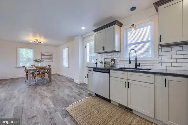 a kitchen with sink cabinets and dining table