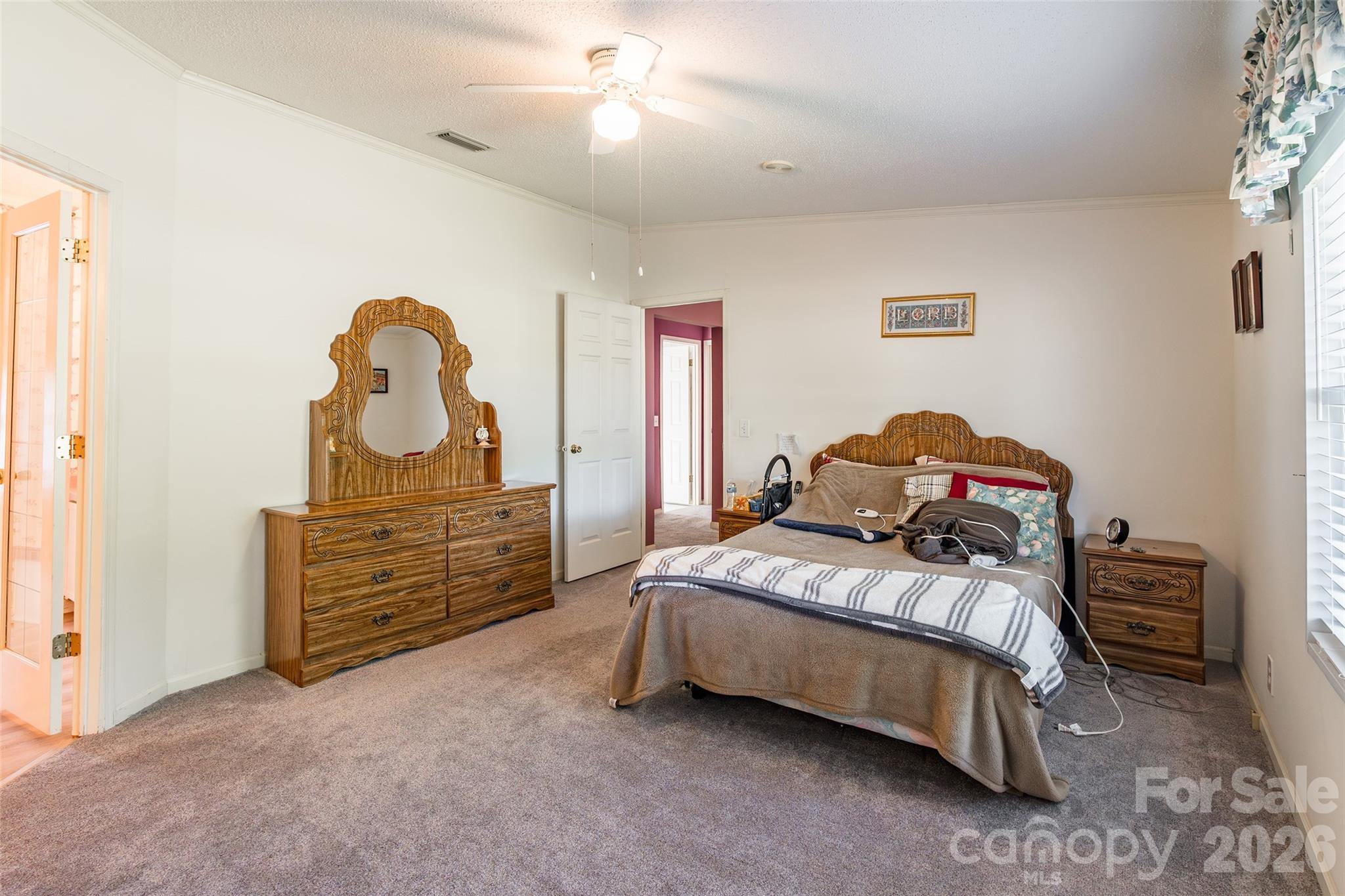 777 John Doster Road Pageland, SC 29728 - Photo 19 of 34 a bedroom with a bed and a chandelier