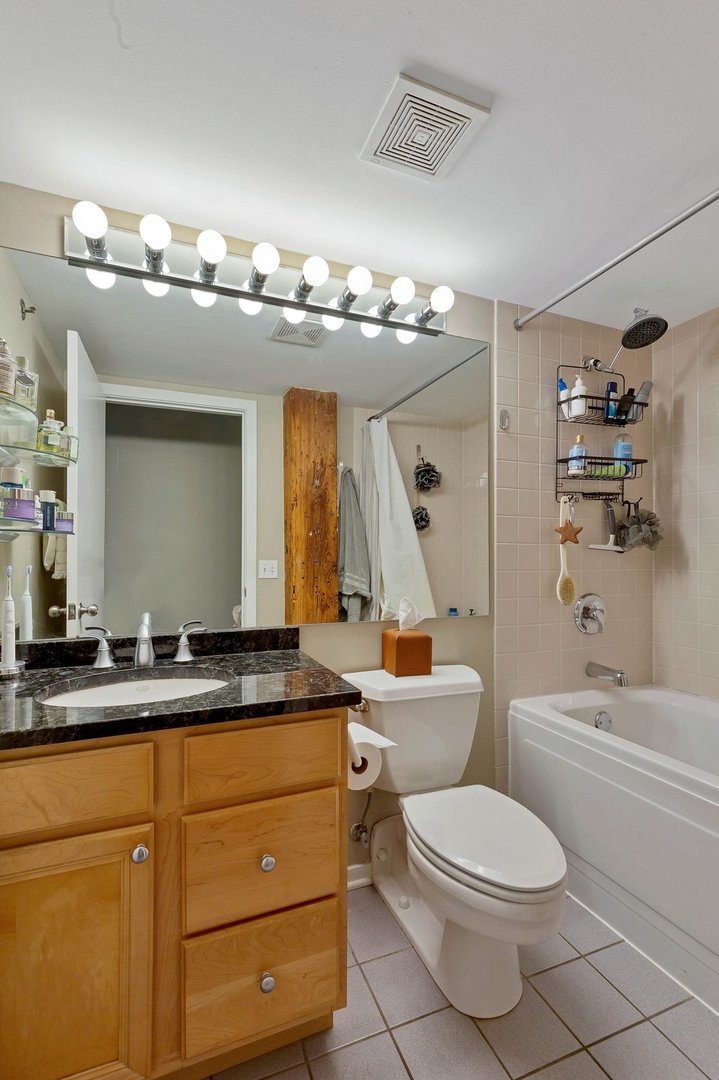 550 West Harrison Street, Unit 353 Chicago, IL 60607 - Photo 8 of 16 a bathroom with a double vanity sink toilet mirror and bathtub